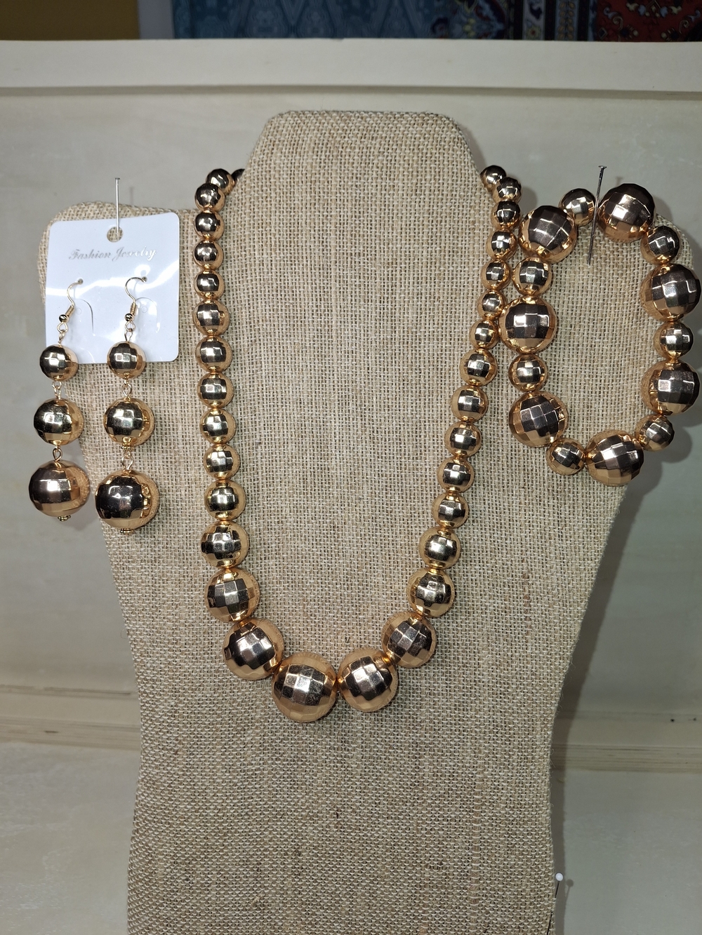 Gold-Tone Faceted Bead Necklace, Bracelet & Earring Set